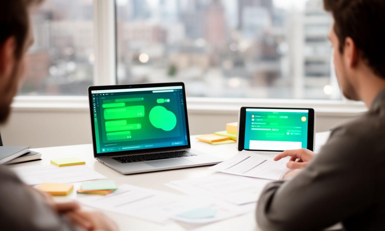Brooklyn founders reviewing a software licensing agreement on a bright modern office table with laptop screens and printed notes