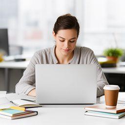 Manhattan copywriter at a clean desk with notebooks, a coffee cup, and an open laptop in a shared workspace